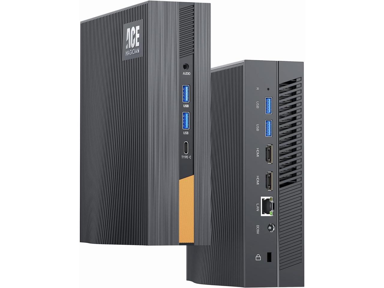 AceMagic AD15 mini PC, front and rear view