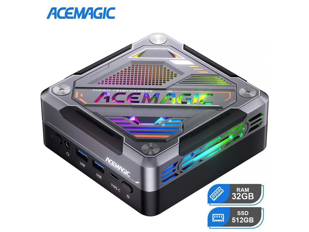 AceMagic AM18 mini PC, top-down view with cyberpunk RGB lighting