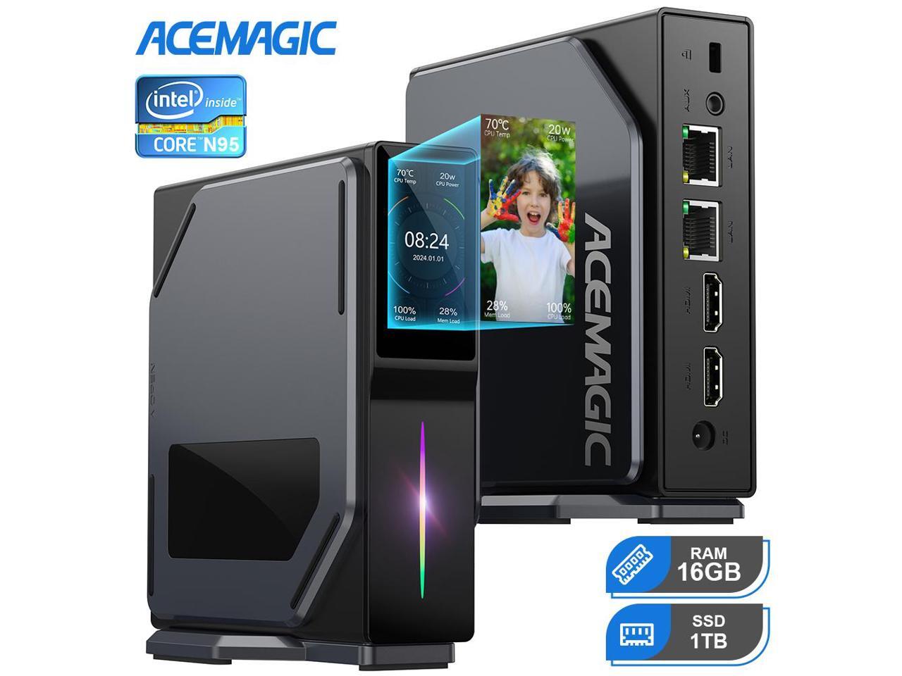 AceMagic S1 mini PC, vertical tower with 1.9-inch LCD on front