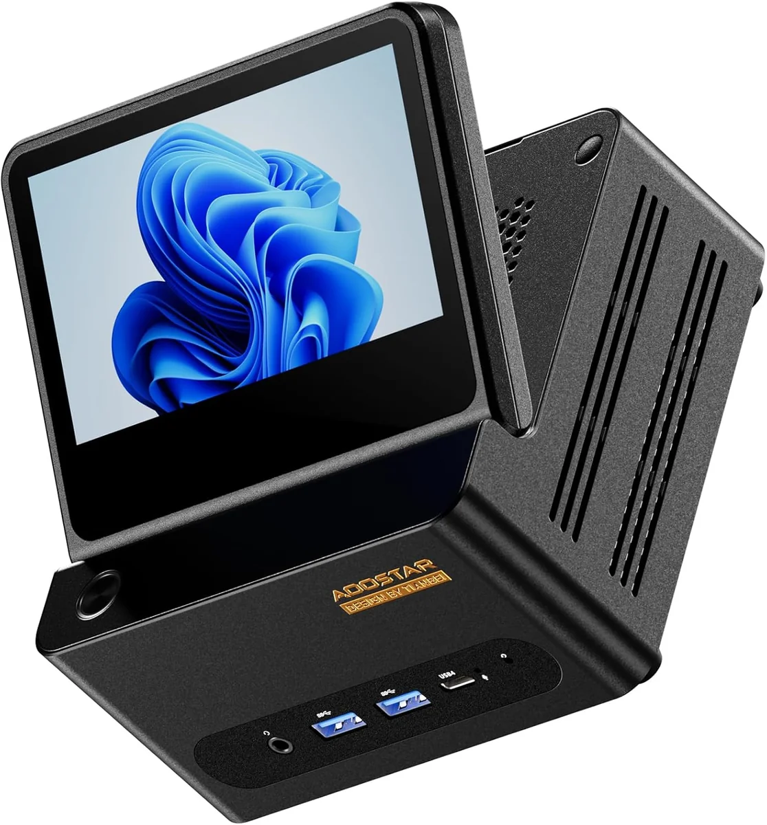 AOOSTAR G-FLIP AI370 mini PC with flip-up 5-inch display, front three-quarter view