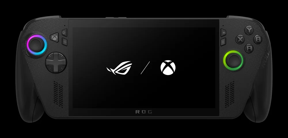ASUS ROG Xbox Ally X handheld gaming PC, front view on a black background