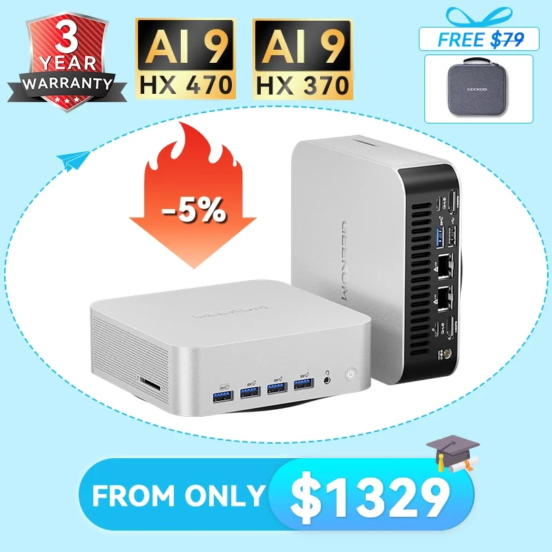 GEEKOM A9 Max mini PC with Ryzen AI 9 HX 370, front three-quarter view