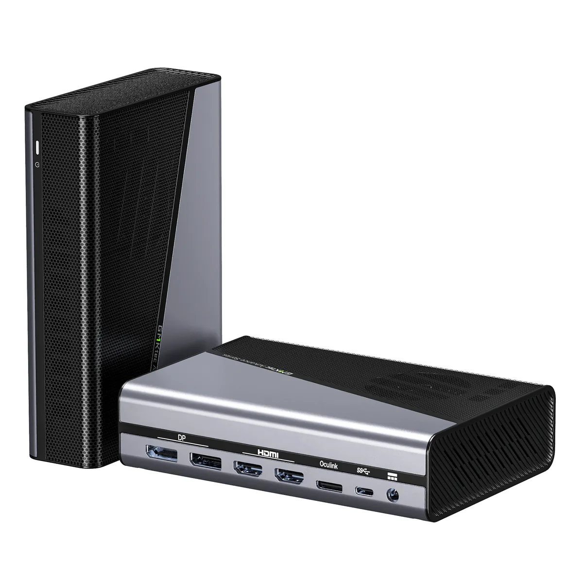 GMKtec AD-GP1 OCuLink eGPU dock with integrated Radeon RX 7600M XT, front three-quarter view