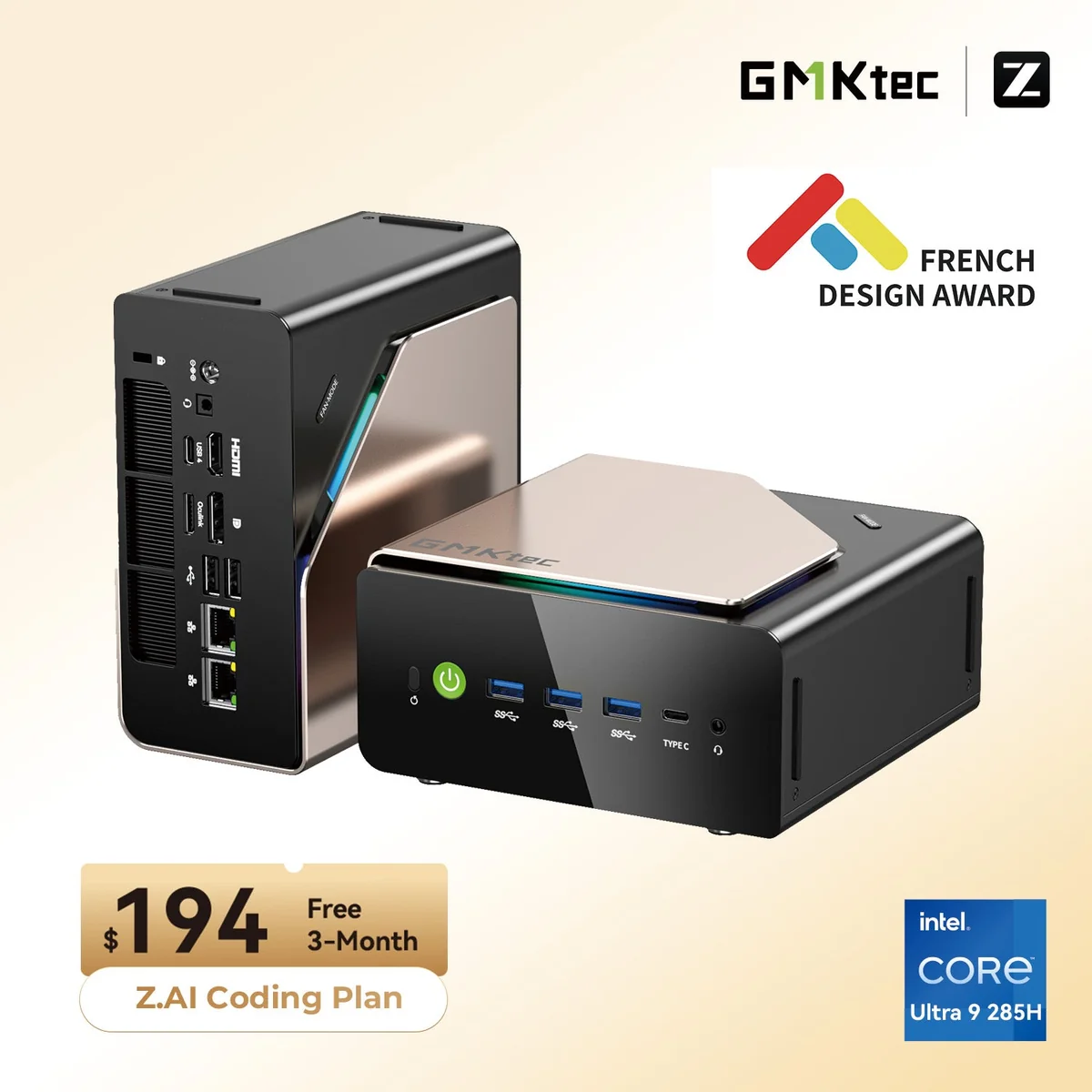 GMKtec EVO-T1 mini PC, front three-quarter view