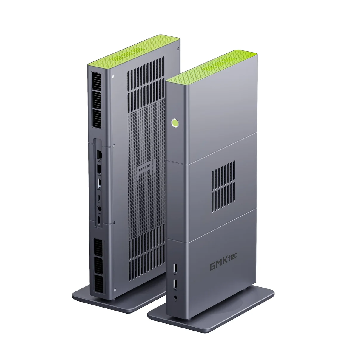 GMKtec EVO-X3 Ryzen AI Max+ 395 mini PC, front-angle view of CNC metal chassis
