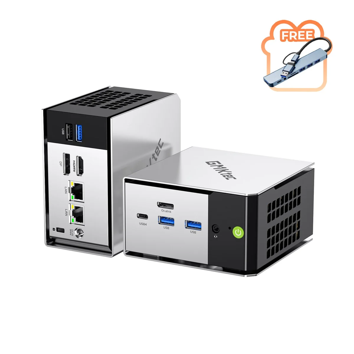 GMKtec M8 mini PC, front three-quarter view