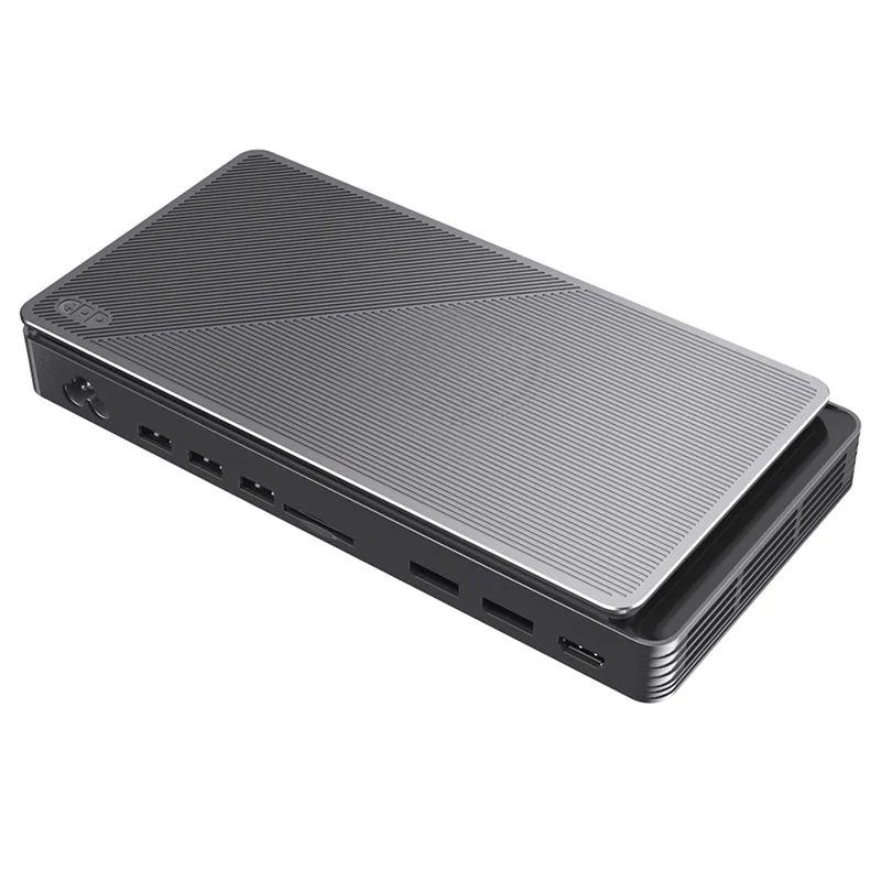 GPD G1 OCuLink eGPU dock with integrated Radeon RX 7600M XT, front three-quarter view showing USB and SD ports