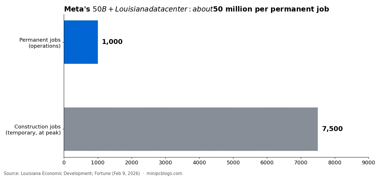 Horizontal bar chart: Meta's Louisiana data center, about 7,500 temporary construction jobs at peak and about 1,000 permanent jobs