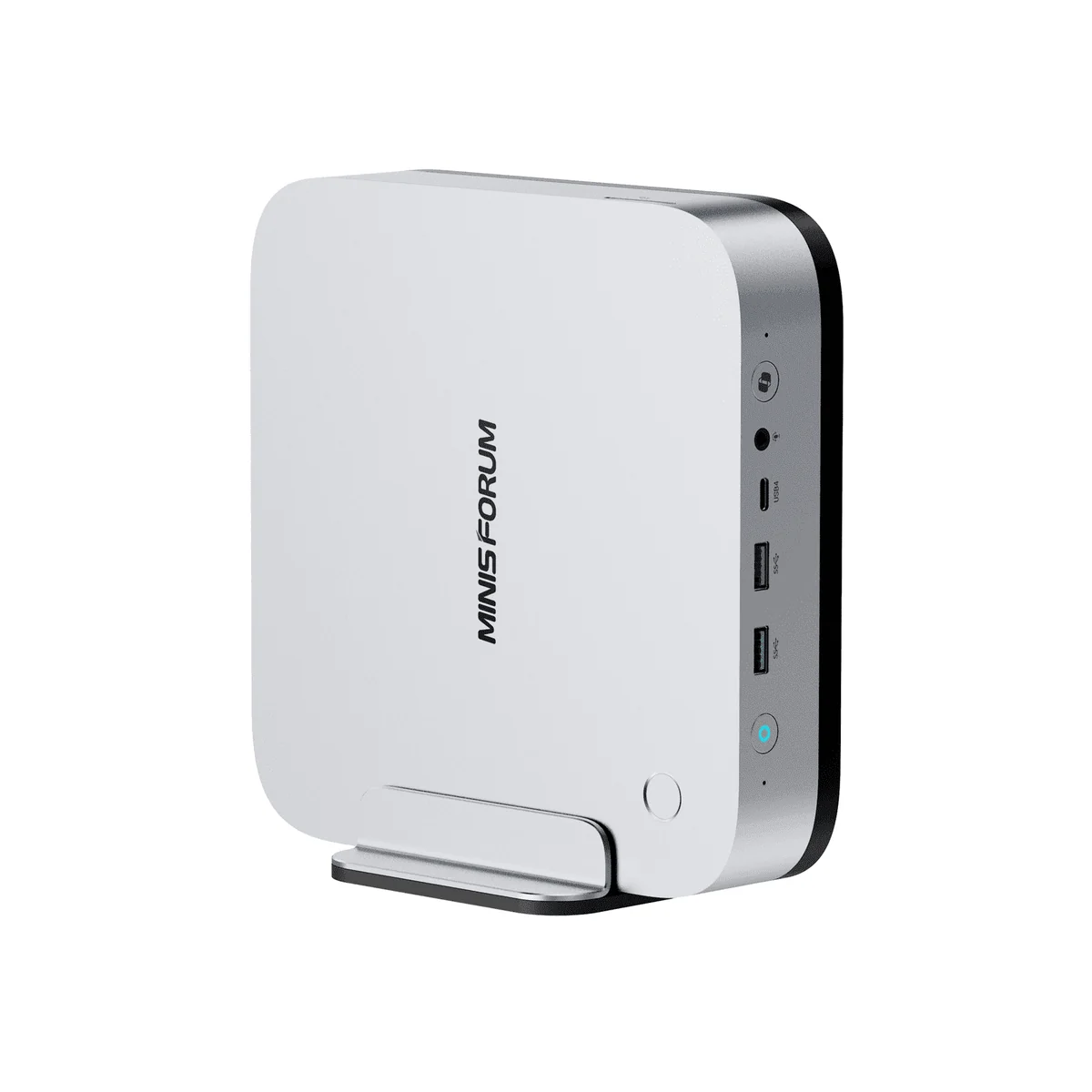 Minisforum AI X1 Pro-370 mini PC, front three-quarter view