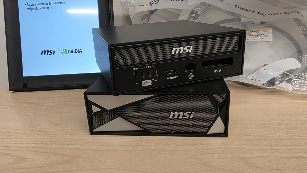 MSI EdgeXpert MS-C931 GB10 AI desktop, front I/O view on its MSI display stand