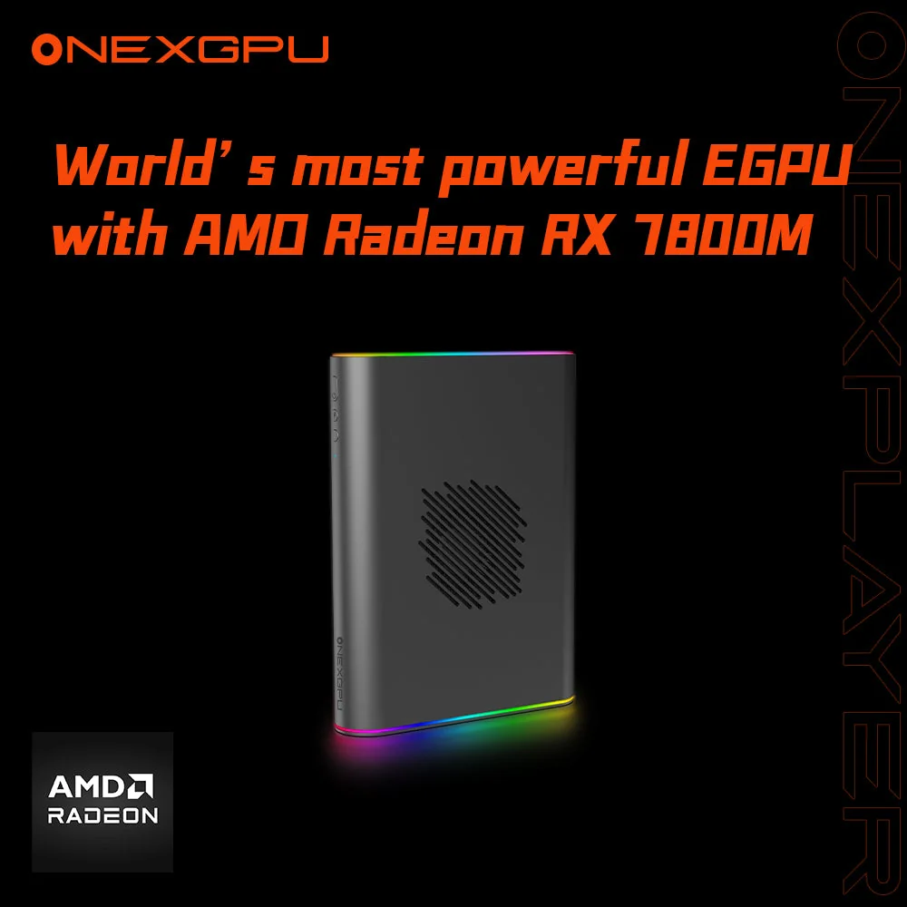ONEXPLAYER ONEXGPU 2 OCuLink eGPU with integrated Radeon RX 7800M, front three-quarter view