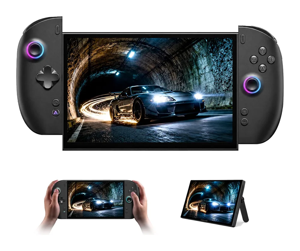 ONEXPLAYER 3 handheld gaming PC, front view with detachable controllers attached and a racing game on the 8.8-inch OLED screen