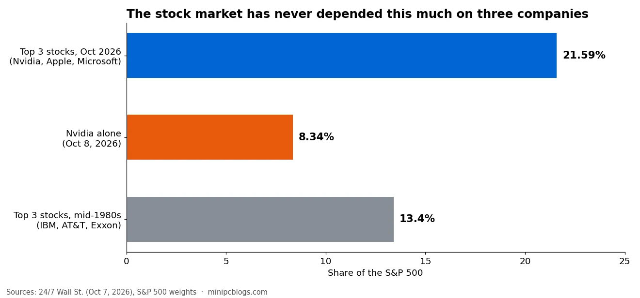 Horizontal bar chart: the top 3 stocks were 13.4% of the S&P 500 in the mid-1980s; in October 2026 Nvidia alone is 8.34% and Nvidia, Apple and Microsoft together are 21.59%